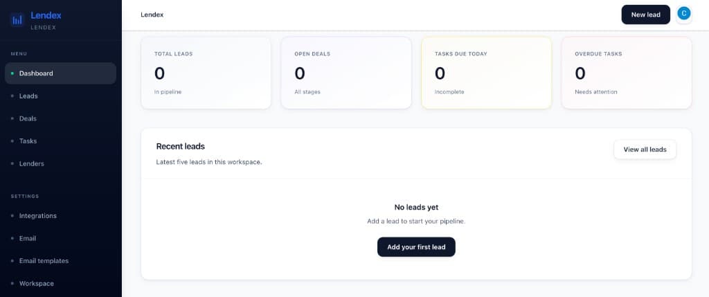 Lendex dashboard showing pipeline metrics and recent leads