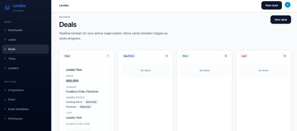 Lendex deals board with kanban stages