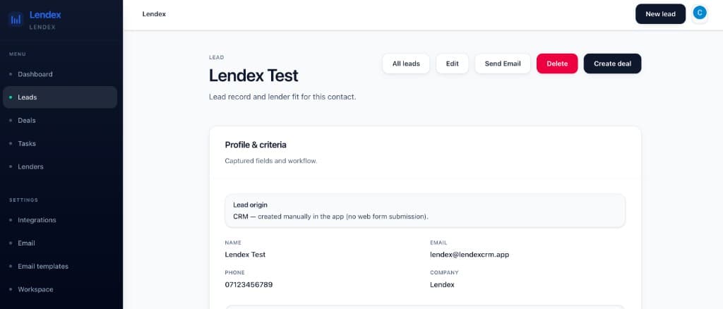 Lendex lead detail with contact and lender fit