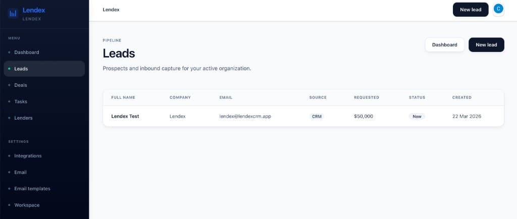 Lendex leads list with pipeline table